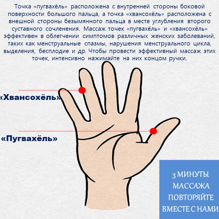 Массаж акупунктурных точек, облегчающий болевой синдром при менструальном цикле. В обычной повседневной жизни самый простой и доступный способ является применение теплых компрессов на область живота. Кроме того, лучше воздерживаться от приема в пищу продуктов, холодных по своим природным свойствам, такие как мука, рыба и др. Акупунктурные точки «Хёрхэхёль» - точки, которые придают энергию и силы для крови Если у вас нерегулярный менструальный цикл и сильные болевые спазмы, в таком случае вам поможет массаж акупунктурных точек «хёрхэхёль». Акупунктурные точки «хёрхэхёль» расположены в местах углубления коленных суставов на 5~6 см выше коленной чашечки с внутренней стороны. Само название несет в себе смысл скопления объема крови в данном участке, словно «морская вода создает залив», поэтому акупунктурные точки имеют тесную связь с кровью. Если вы часто будете давить большими пальцами на точки «хёрхэхёль» и на участки вокруг нее, тогда эффект от такого массажа будет способствовать хорошей циркуляции крови и ее очищению. Акупунктурные точки «Пугвахёль» и «Хвансохёль» - помощники при женских заболеваниях Точка «пугвахёль» расположена с внутренней стороны боковой поверхности большого пальца, а точка «хвансохёль» расположена с внешной стороны безымянного пальца в месте углубления второго суставного сочленения. Массаж точек «пугвахёль» и «хвансохёль» эффективен в облегчении симптомов различных женских заболеваний, таких как менструальные спазмы, нарушения менструального цикла, выделения, бесплодие и др. Чтобы провести эффективный массаж этих точек, интенсивно нажимайте на них концом ручки. Менструальные спазмы часто появляются, когда нет других заболеваний, но если у вас болевые спазмы длятся дольше, либо проходят чрезмерно сильно, чем обычно, немедленно посетите доктора корейской медицины. Доктора корейской медицины принимают на лечение по женским заболеваниям, синдрома боли при менустрации, бесплодия, нарушение менустрального цикла, и т.д.